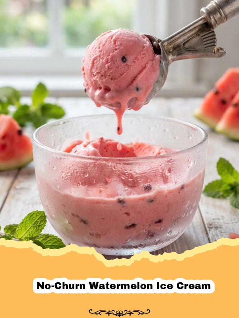 No-Churn Watermelon Ice Cream: The Ultimate Summer Refreshment 5 A scoop of pink No-Churn Watermelon Ice Cream in a glass bowl decorated with mint leaves.