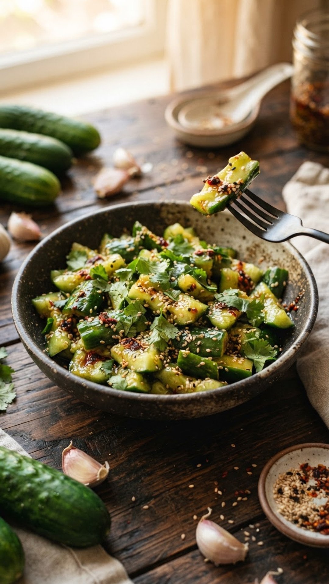 Smashed Cucumber & Garlic Sesame Salad Preparation
