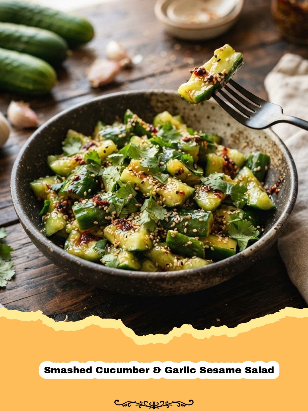 Close-up of a vibrant Smashed Cucumber & Garlic Sesame Salad in a bowl, garnished with sesame seeds and cilantro.