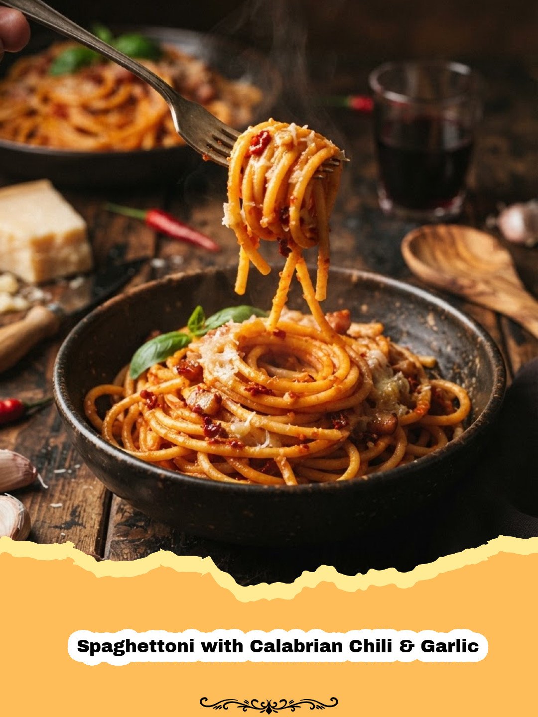 Authentic Spaghettoni with Calabrian Chili & Garlic: A Spicy Italian Dream 3 A steaming bowl of Spaghettoni with Calabrian Chili & Garlic garnished with parsley.