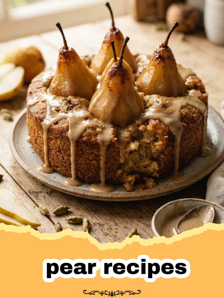pear recipes - A warm spiced pear crumble in a square baking dish, topped with a golden oat topping, with a scoop of melting vanilla ice cream on top.
