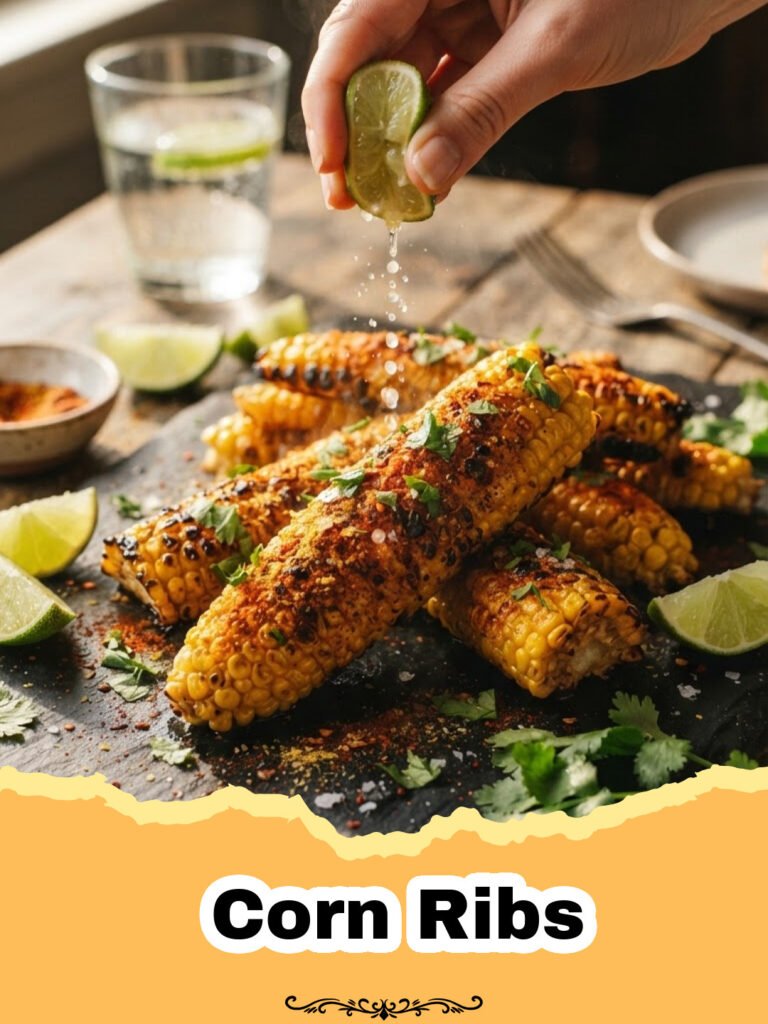 Corn Ribs - Close-up of crispy, spicy garlic parmesan corn ribs arranged on a serving platter with fresh parsley.