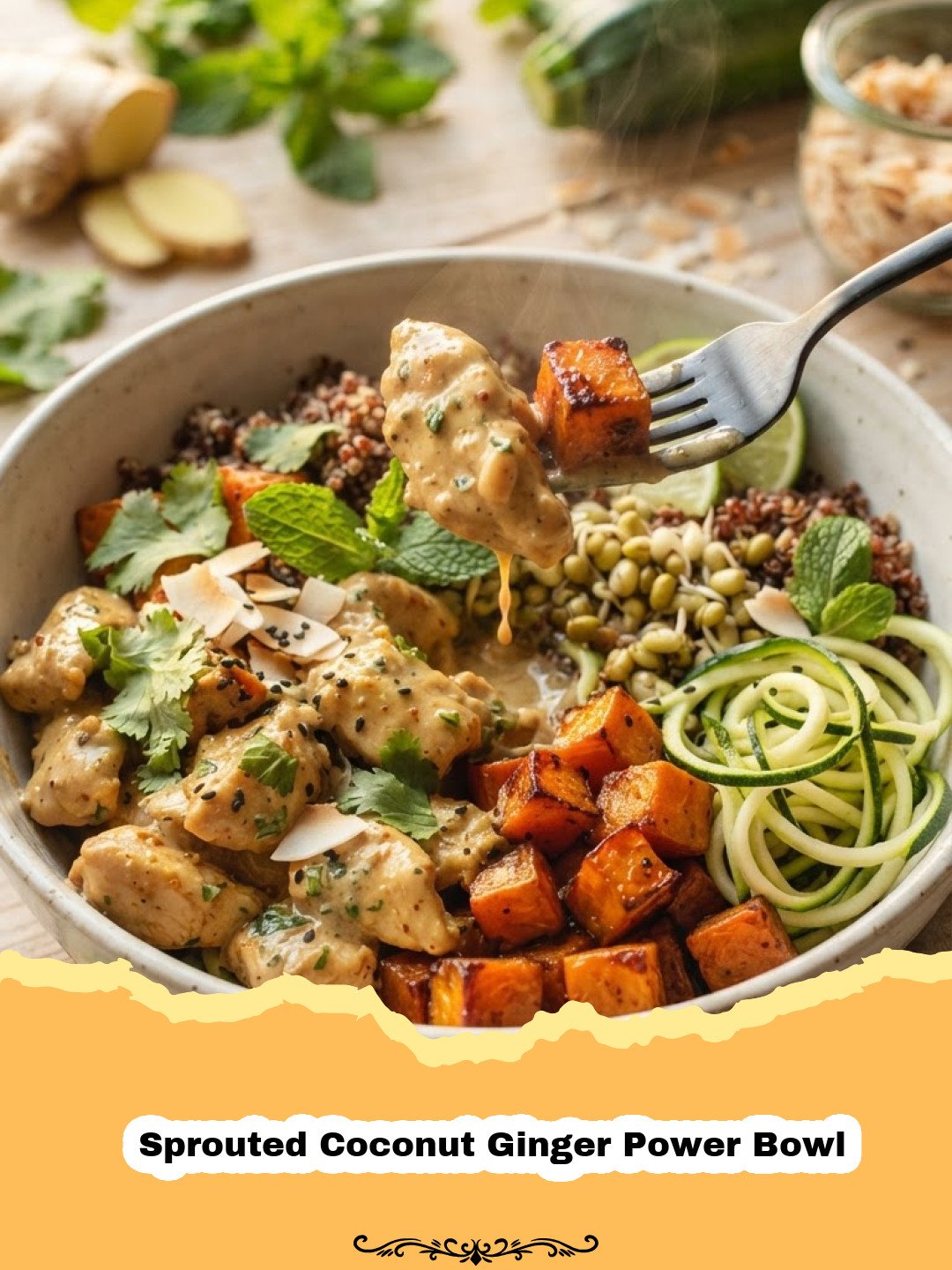 A vibrant and healthy Sprouted Coconut Ginger Power Bowl, generously topped with fresh cilantro and lime, ready to be enjoyed.