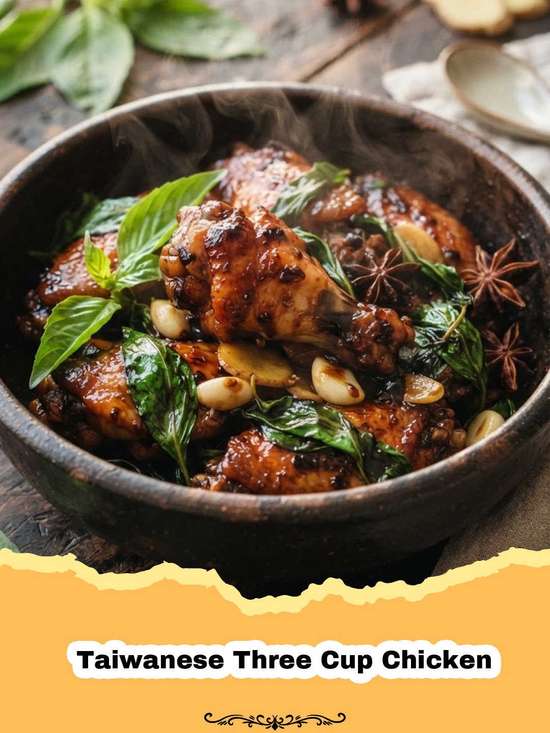 A close-up shot of glossy Taiwanese Three Cup Chicken with fresh basil leaves in a clay pot, served with a side of white rice.