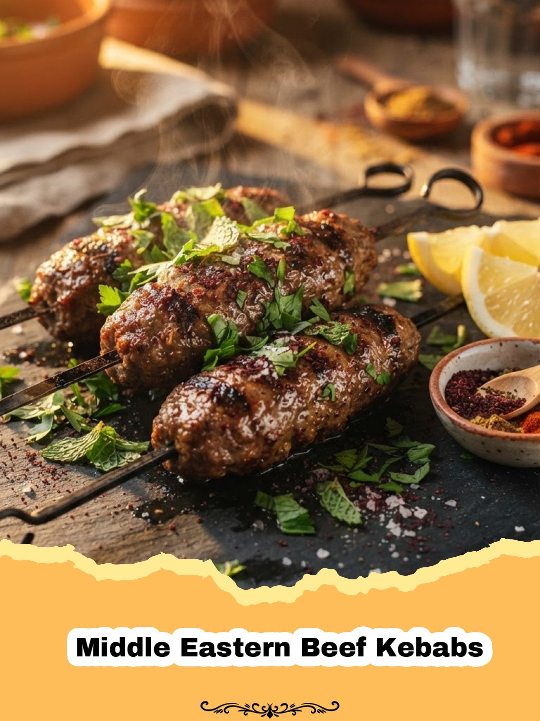 Flavorful Journey: The Best Middle Eastern Beef Kebabs Recipe You'll Ever Make 3 Middle Eastern Beef Kebabs - Close-up of perfectly grilled Middle Eastern beef kebabs on a wooden board with fresh herbs and lemon wedges.