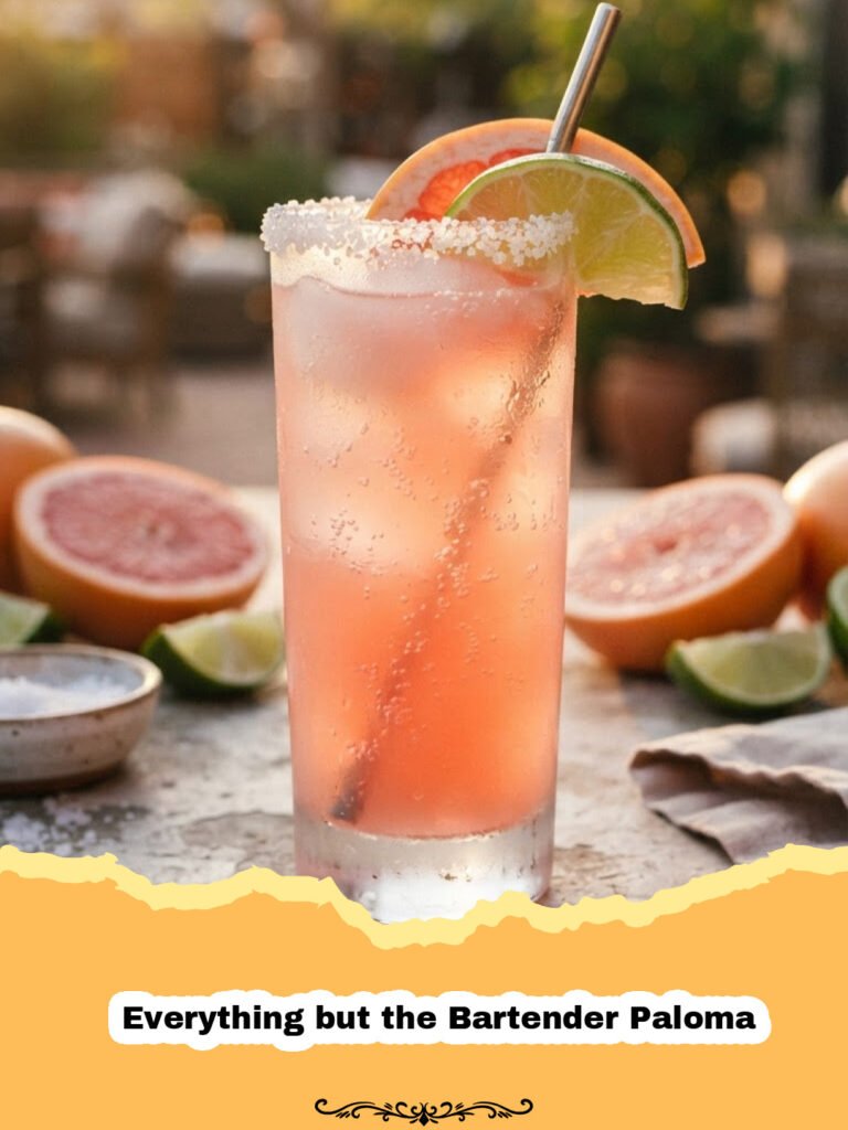 A perfectly crafted Everything but the Bartender Paloma cocktail in a salt-rimmed glass, garnished with a grapefruit slice and lime.