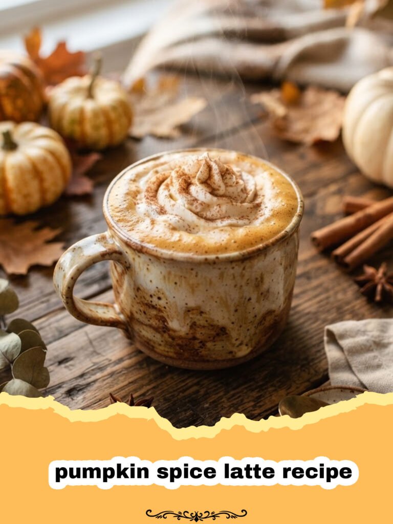 pumpkin spice latte recipe - A perfectly crafted homemade pumpkin spice latte in a clear glass mug, topped with whipped cream and a sprinkle of pumpkin spice, with autumn leaves in the background.