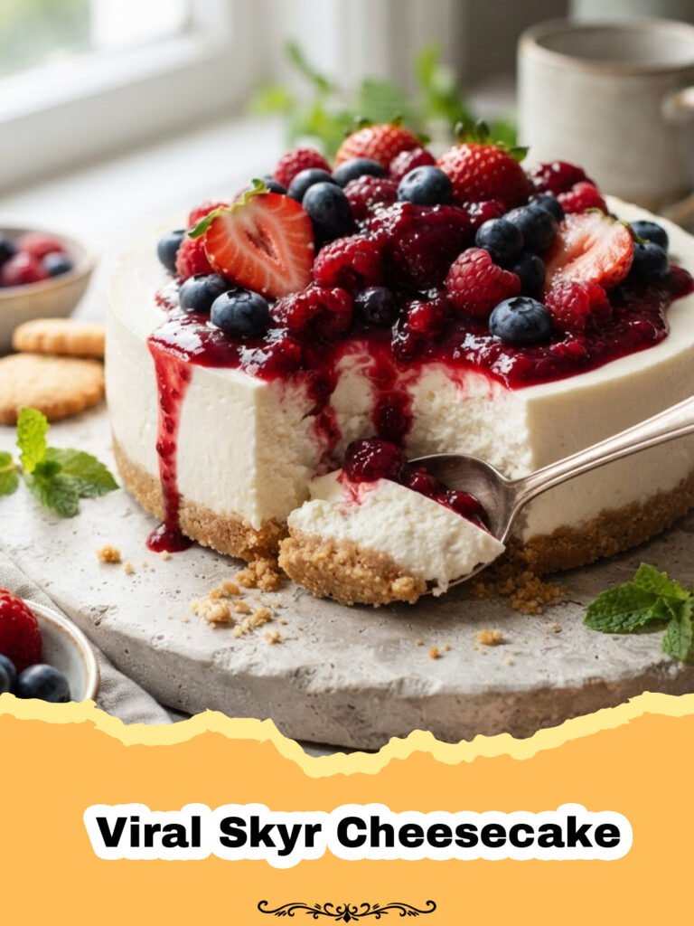 A perfectly sliced piece of Viral Skyr Cheesecake topped with fresh mixed berries on a white plate, with the rest of the cheesecake visible in the background.