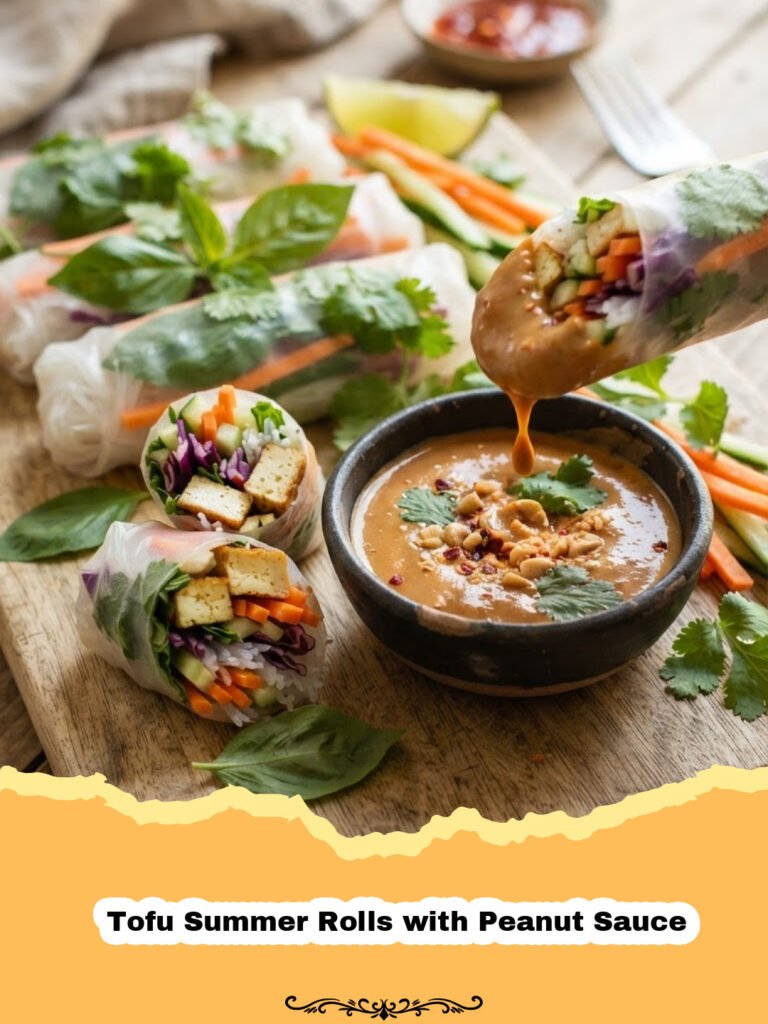 The Ultimate Fresh Tofu Summer Rolls with Irresistible Peanut Sauce 5 Tofu Summer Rolls with Peanut Sauce - Freshly made Tofu Summer Rolls with a side of creamy peanut dipping sauce on a wooden board.