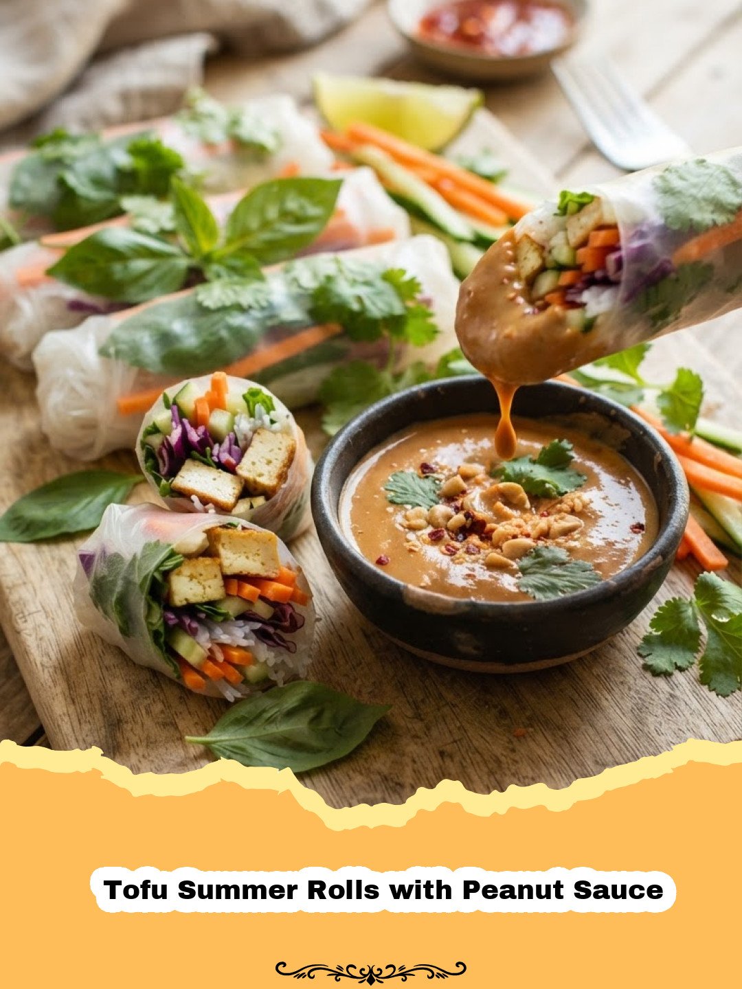 The Ultimate Fresh Tofu Summer Rolls with Irresistible Peanut Sauce 3 Tofu Summer Rolls with Peanut Sauce - Freshly made Tofu Summer Rolls with a side of creamy peanut dipping sauce on a wooden board.