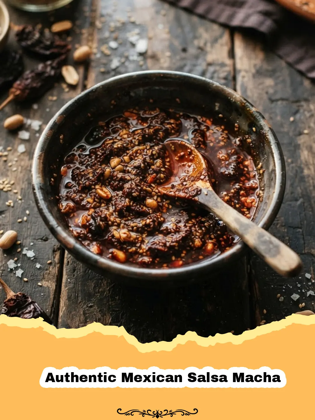 A jar of rich, red Authentic Mexican Salsa Macha with visible chili flakes, nuts, and seeds, drizzled over a fresh taco.