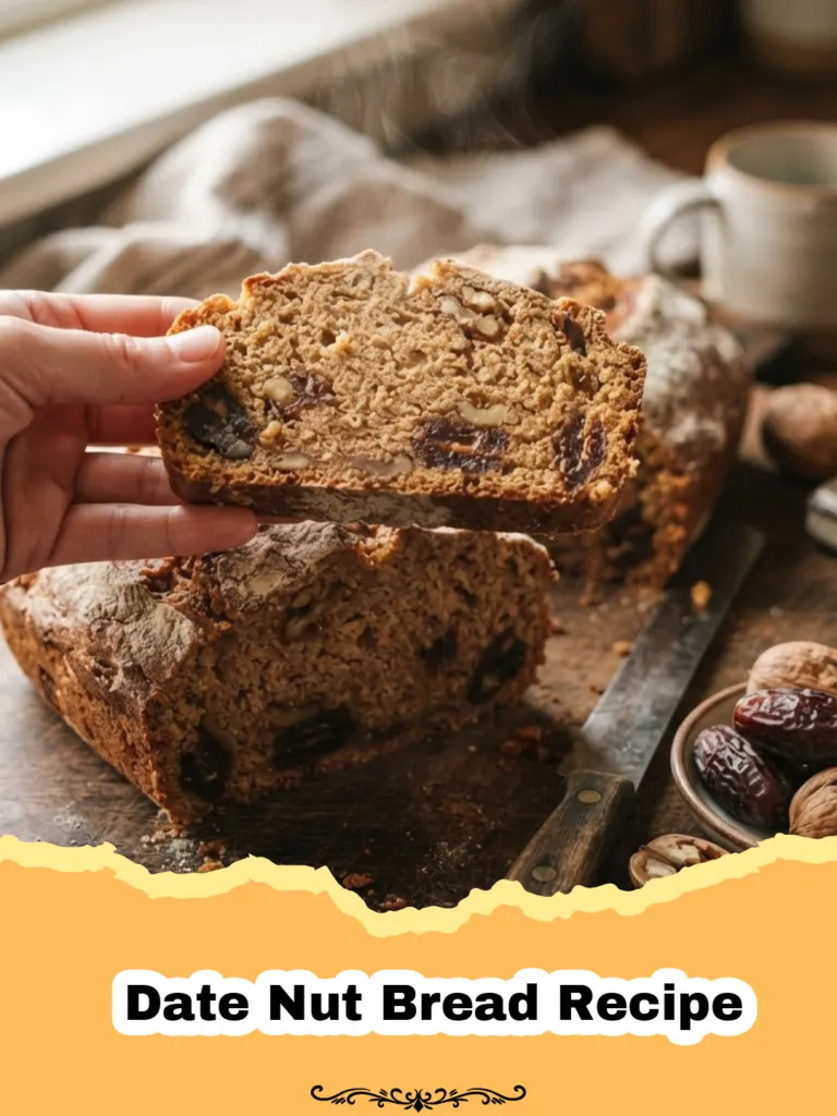 The Ultimate Cozy & Delicious Date Nut Bread Recipe 5 Date Nut Bread Recipe - A moist slice of Date Nut Bread with walnuts and dates on a plate with a cup of coffee.