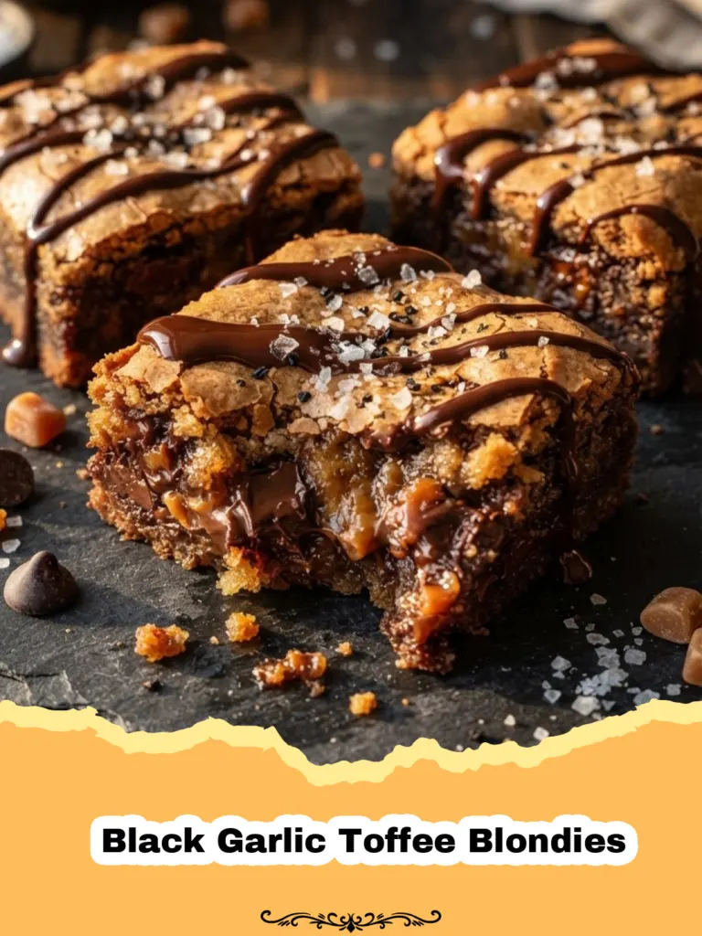 Close-up of Black Garlic Toffee Blondies with a slightly gooey center and visible toffee bits.