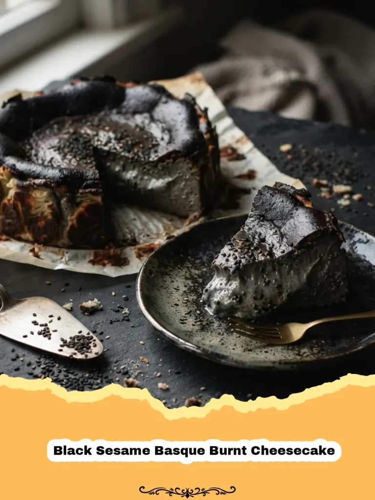 The Ultimate Black Sesame Basque Burnt Cheesecake: A Silky, Nutty Dream 5 Slice of Black Sesame Basque Burnt Cheesecake with a dark, caramelized top and creamy, speckled interior.