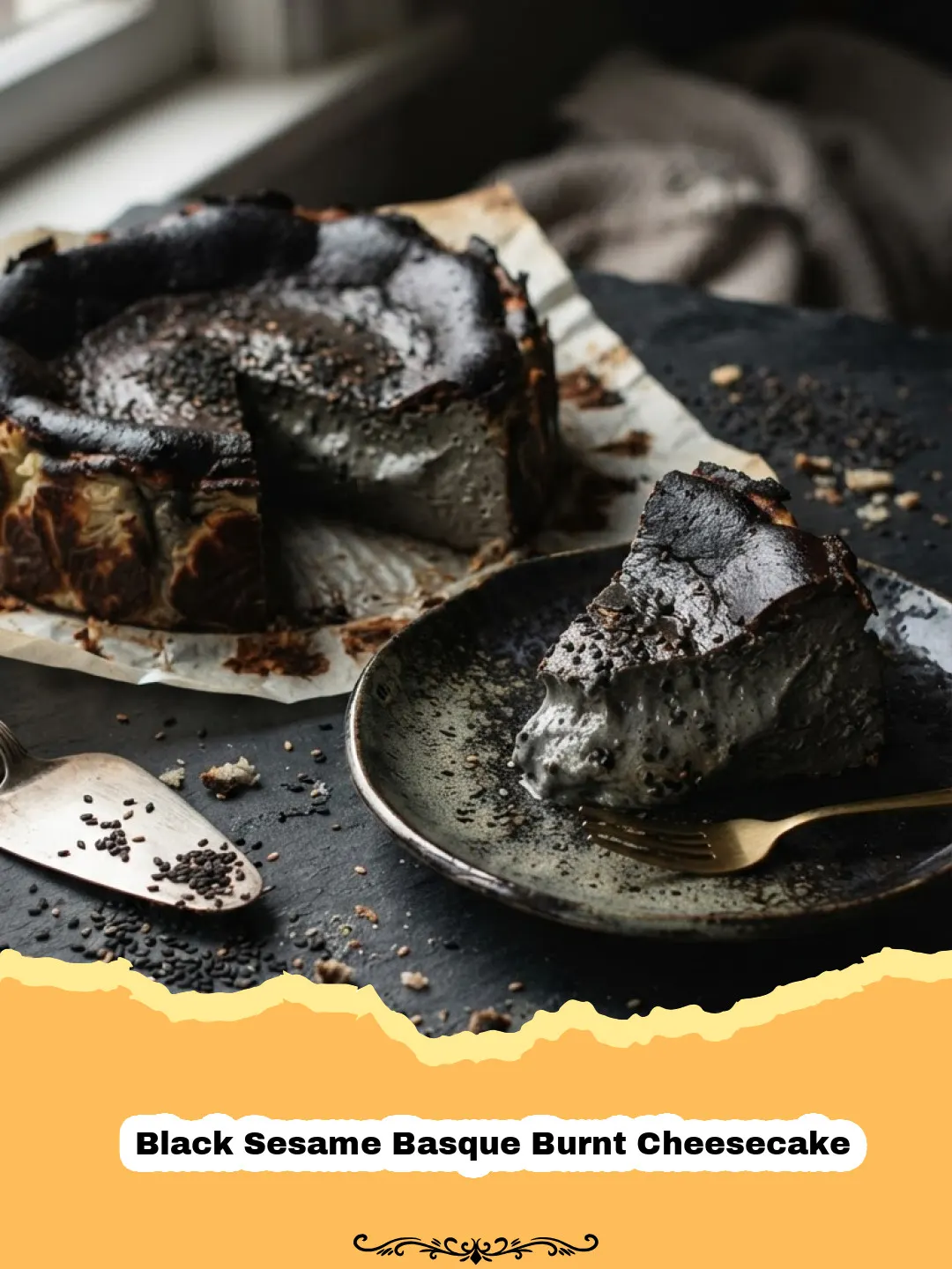 The Ultimate Black Sesame Basque Burnt Cheesecake: A Silky, Nutty Dream 3 Slice of Black Sesame Basque Burnt Cheesecake with a dark, caramelized top and creamy, speckled interior.