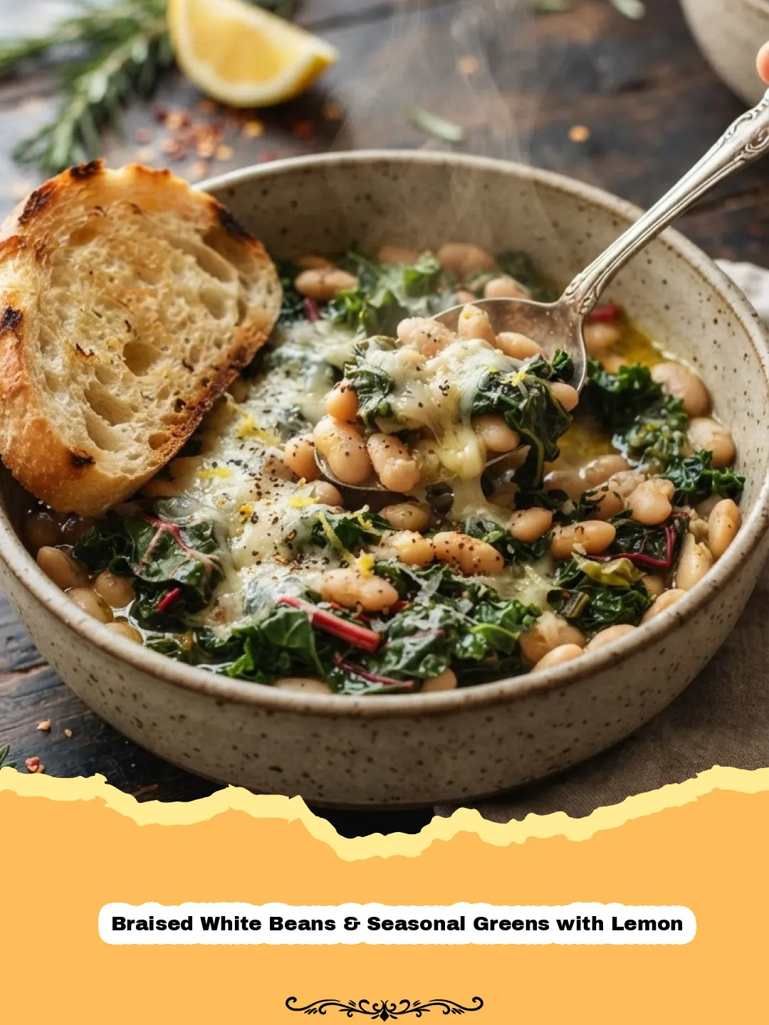 Close-up of a bowl of Braised White Beans & Seasonal Greens with Lemon, garnished with fresh herbs and a lemon wedge.