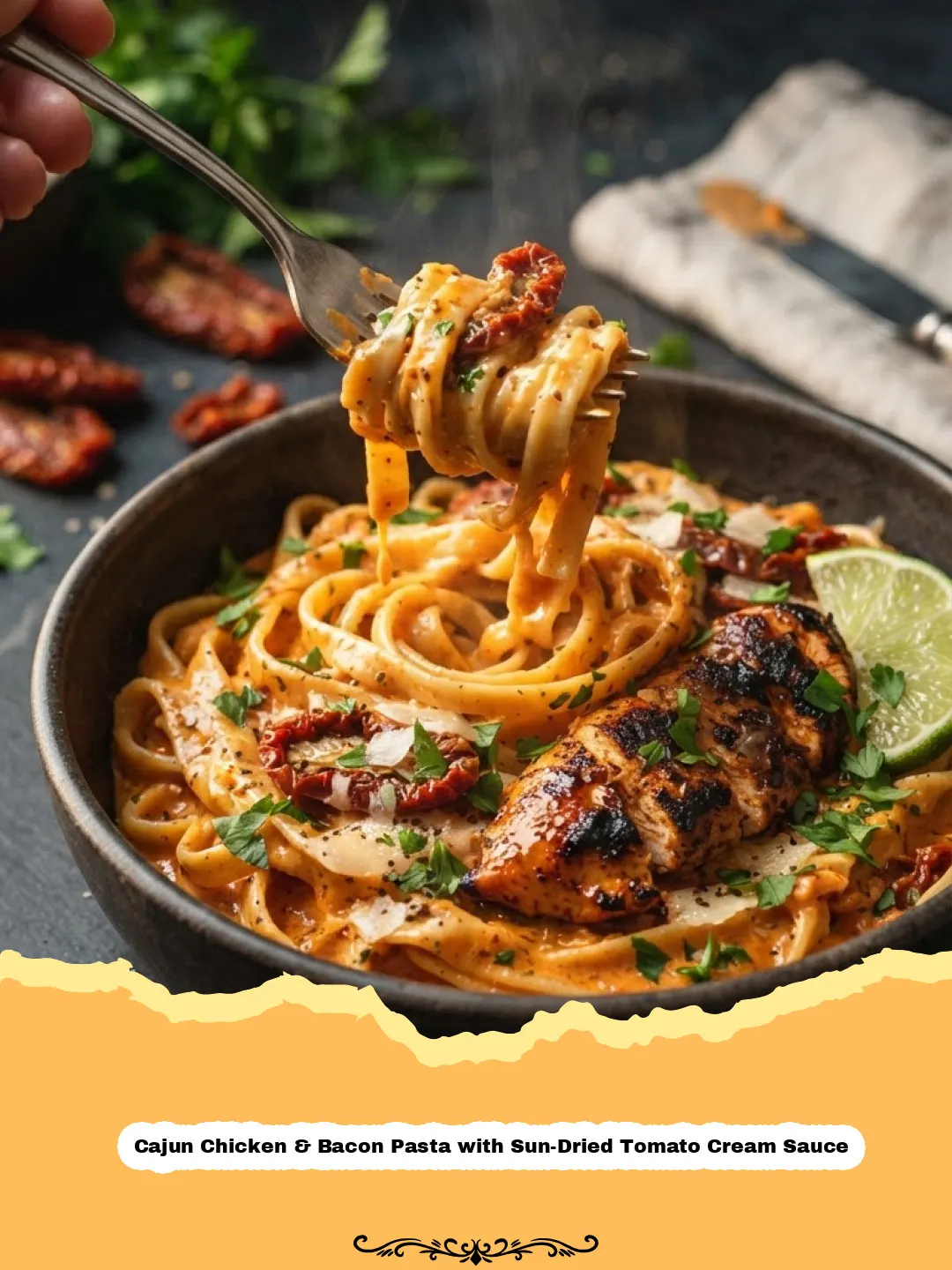Cajun Chicken & Bacon Pasta with Sun-Dried Tomato Cream Sauce - Close-up of creamy Cajun chicken and bacon pasta with sun-dried tomatoes and fresh parsley.