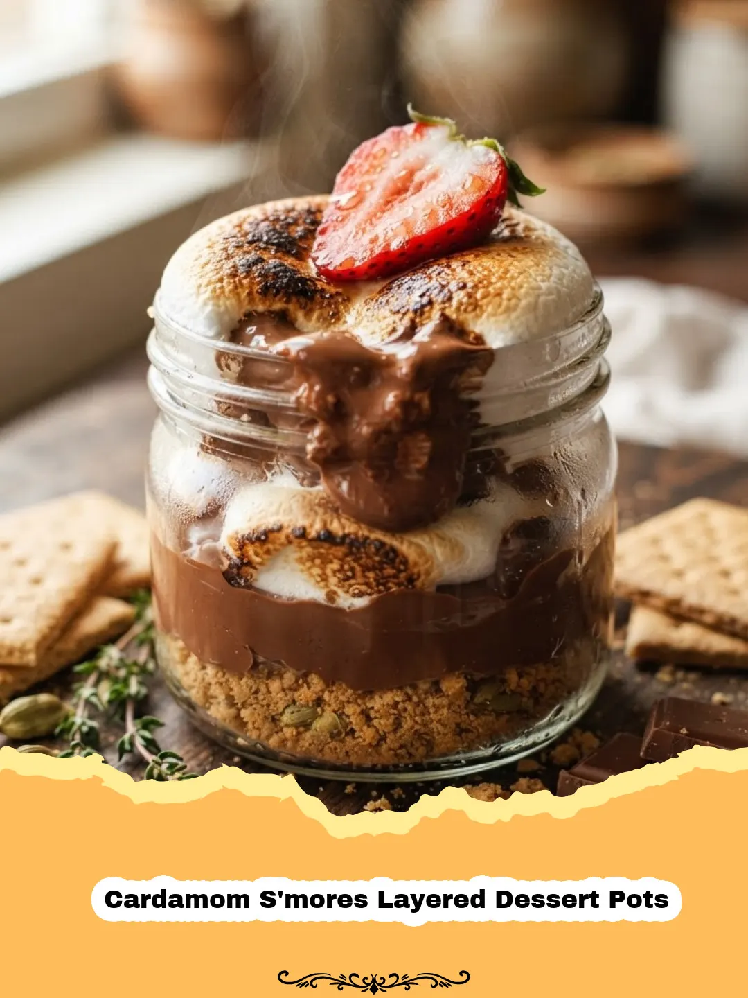 The Ultimate Cardamom S'mores Layered Dessert Pots: A Cozy Twist on a Classic! 3 Individual Cardamom S'mores Layered Dessert Pots with toasted marshmallows and chocolate ganache, garnished with cardamom pods.