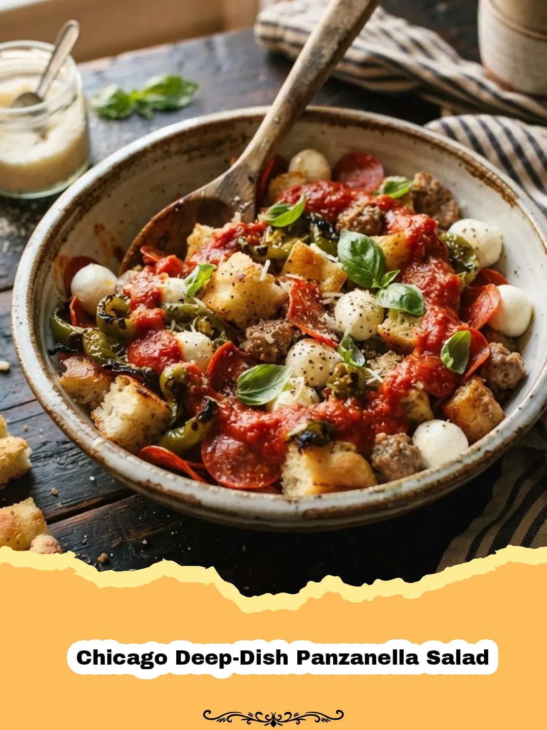 The Unexpected Delight: Introducing Chicago Deep-Dish Panzanella Salad! 3 A vibrant Chicago Deep-Dish Panzanella Salad served in a pie dish, featuring layers of toasted bread, ripe tomatoes, fresh mozzarella, and basil, with a rich vinaigrette.