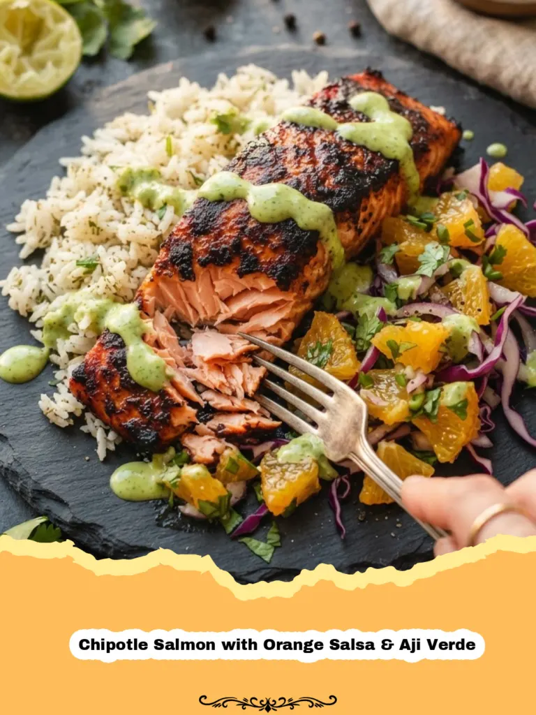 Chipotle Salmon with Orange Salsa & Aji Verde - Close-up of perfectly cooked chipotle salmon with a vibrant orange salsa and green aji verde drizzled over the top, on a white plate.
