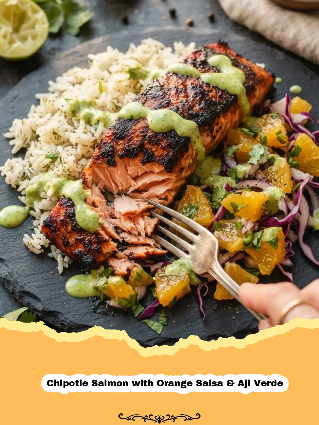 Chipotle Salmon with Orange Salsa & Aji Verde - Close-up of perfectly cooked chipotle salmon with a vibrant orange salsa and green aji verde drizzled over the top, on a white plate.