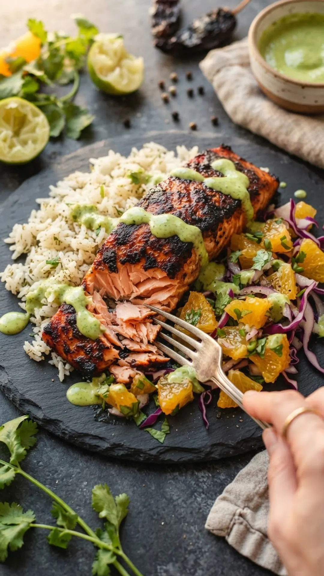 Chipotle Salmon with Orange Salsa & Aji Verde Preparation