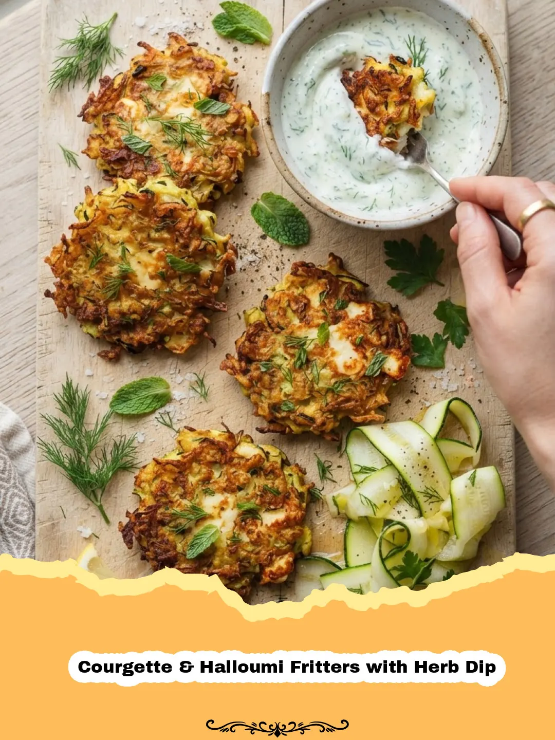 Courgette & Halloumi Fritters with Herb Dip - Golden-brown Courgette & Halloumi Fritters stacked on a plate with a side of creamy green herb dip, garnished with fresh herbs.