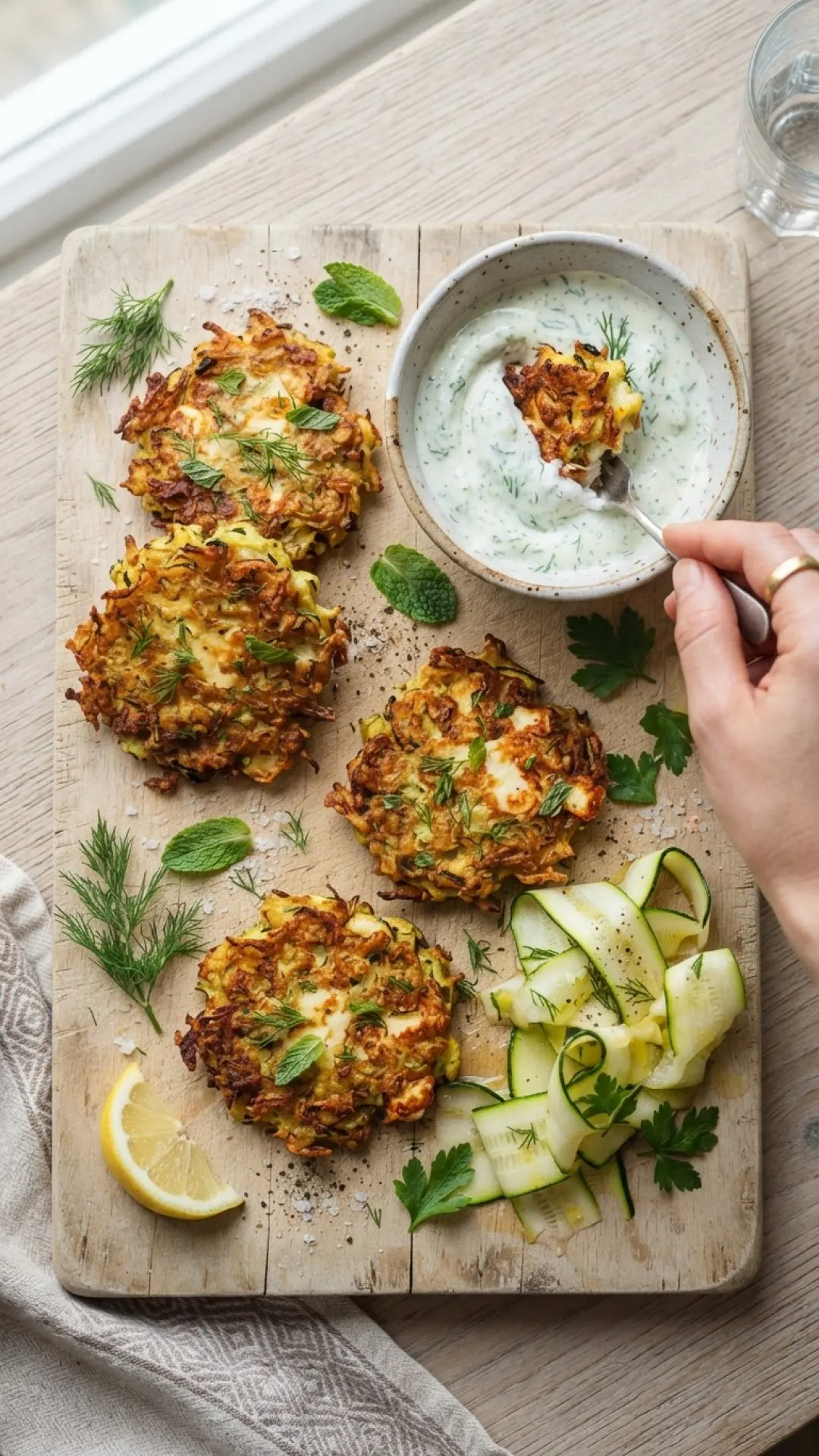 Courgette & Halloumi Fritters with Herb Dip Preparation