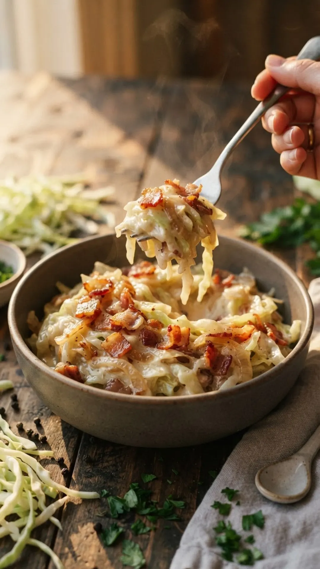 Creamy Cabbage Alfredo with Crispy Bacon Preparation
