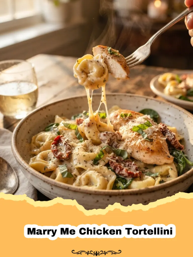 The Dish That Will Make Them Say "Yes!": Creamy Marry Me Chicken Tortellini 5 A close-up of creamy Marry Me Chicken Tortellini in a large skillet, garnished with fresh parsley and Parmesan cheese.