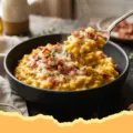 Creamy Pumpkin Risotto with Crispy Bacon & Parmesan - A close-up shot of a bowl of golden pumpkin risotto topped with crispy bacon and flakes of Parmesan cheese.