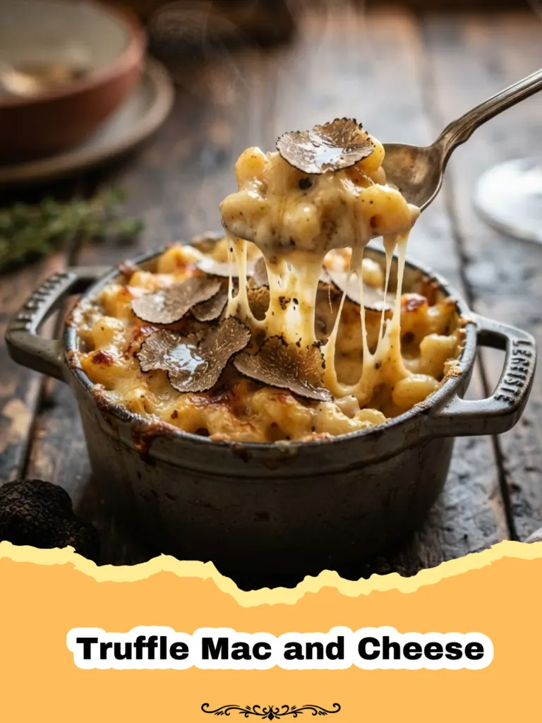 The Ultimate Indulgence: Rich & Creamy Truffle Mac and Cheese 5 Gourmet Truffle Mac and Cheese in a cast iron skillet, bubbling with a golden-brown crust and fresh herbs.
