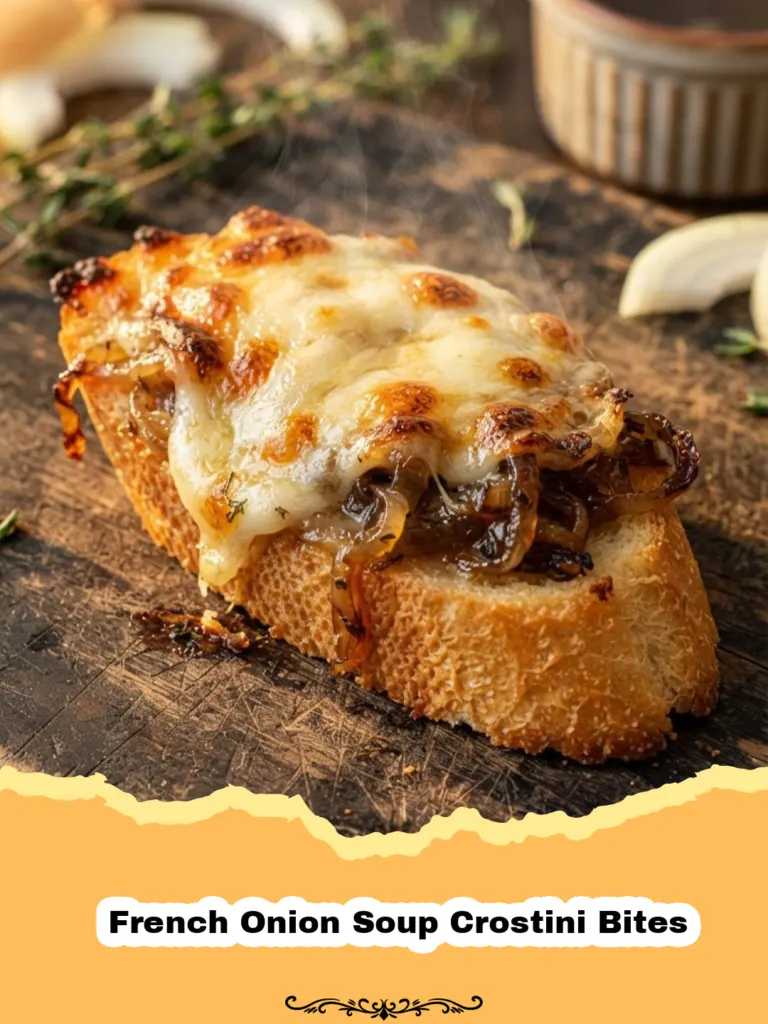 Close up of golden brown French Onion Soup Crostini Bites with melted Gruyere and chives on a wooden board.