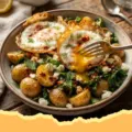 A close-up of a plate of Greek Lemon Potatoes with Kale, Feta, and Crispy Fried Eggs, garnished with fresh herbs and a runny egg yolk.