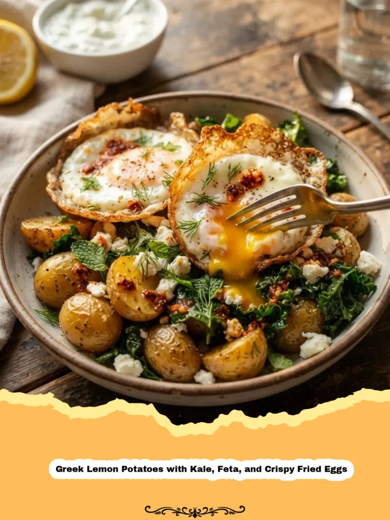 A close-up of a plate of Greek Lemon Potatoes with Kale, Feta, and Crispy Fried Eggs, garnished with fresh herbs and a runny egg yolk.