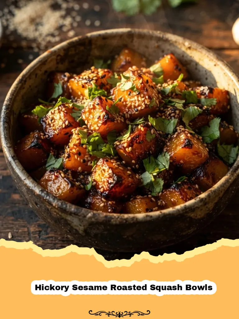 Close-up of golden brown Hickory Sesame Roasted Squash Bowls garnished with fresh cilantro and sesame seeds.