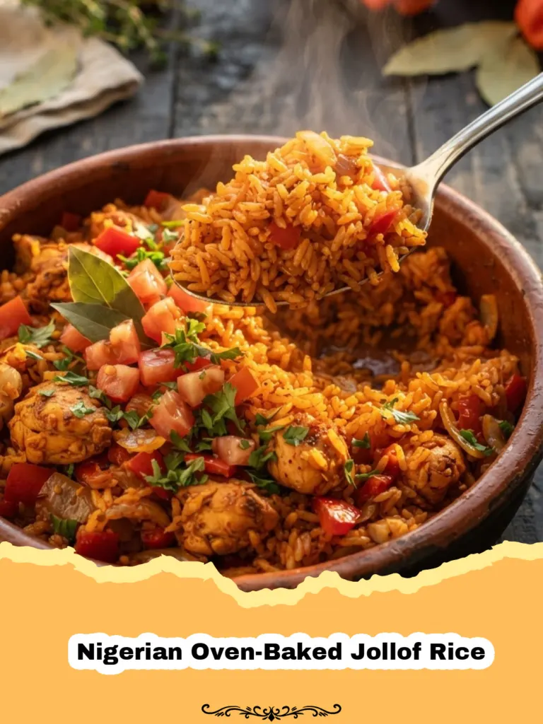 A steaming hot pot of vibrant red Nigerian Oven-Baked Jollof Rice garnished with fresh parsley.