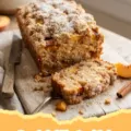 A golden-brown Peach Cobbler Loaf Cake on a wire rack, with slices cut out, revealing juicy peach pieces and a crumble topping.