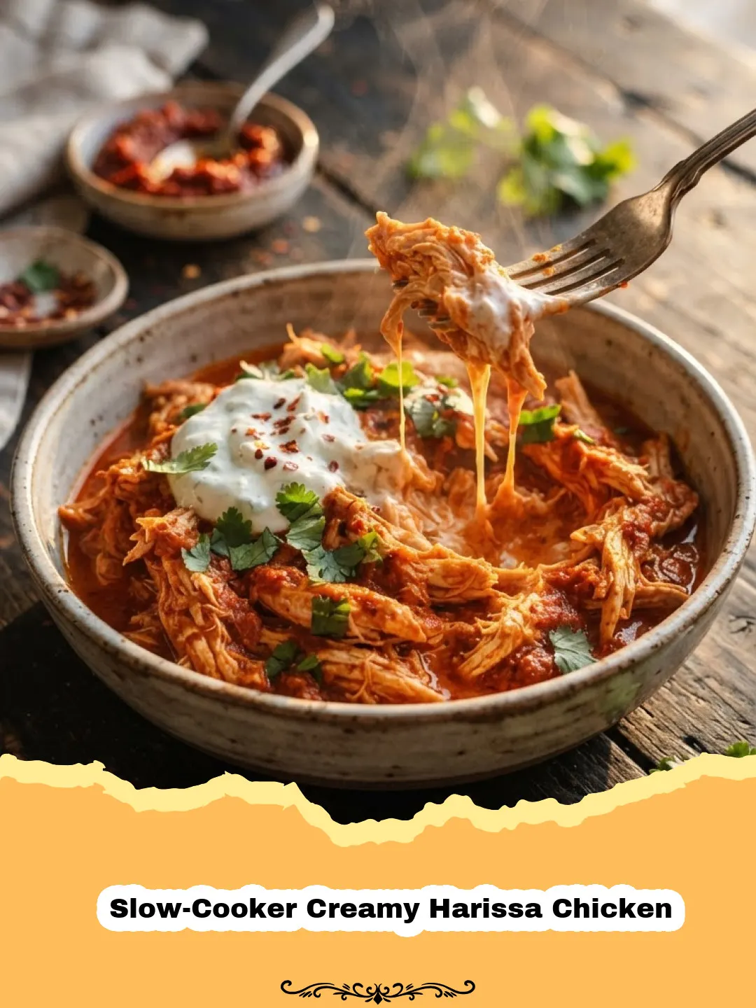 The Ultimate Weeknight Wonder: Slow-Cooker Creamy Harissa Chicken 3 A bowl of Slow-Cooker Creamy Harissa Chicken served over couscous, garnished with fresh cilantro.