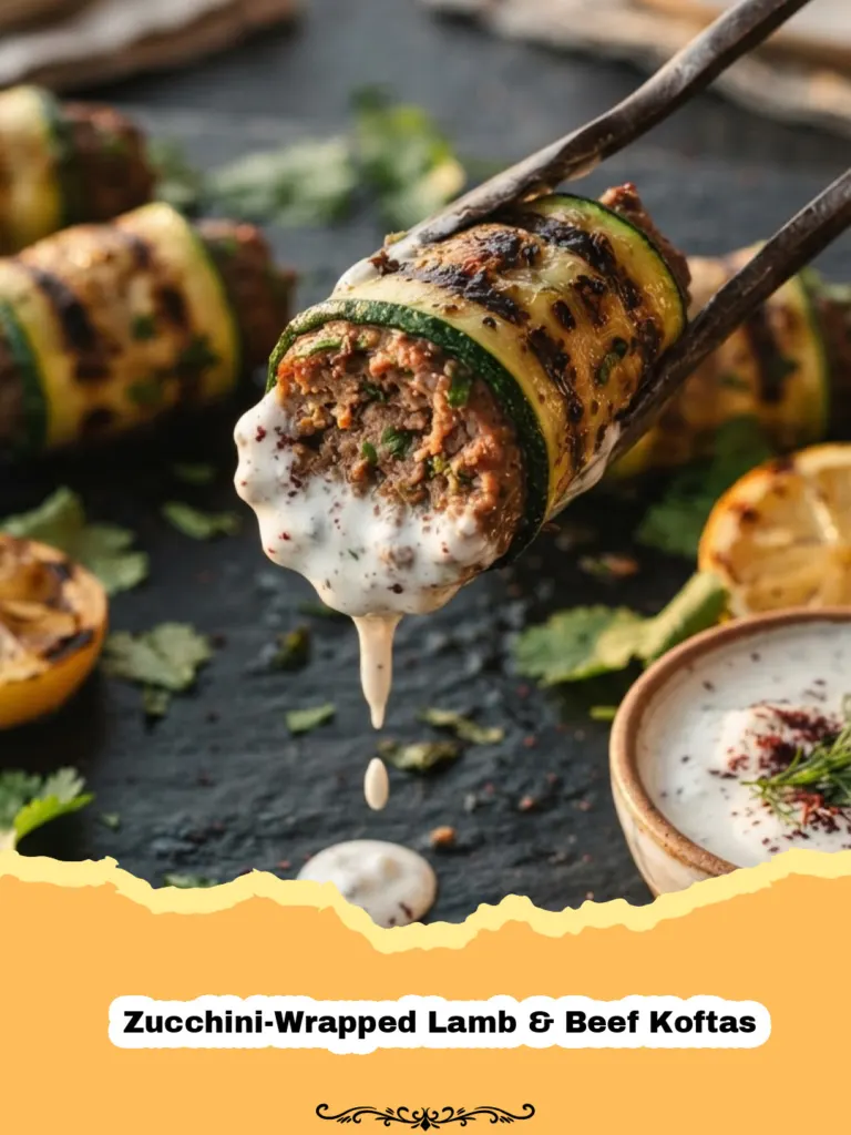 Close-up of Zucchini-Wrapped Lamb & Beef Koftas on a serving platter with fresh herbs.