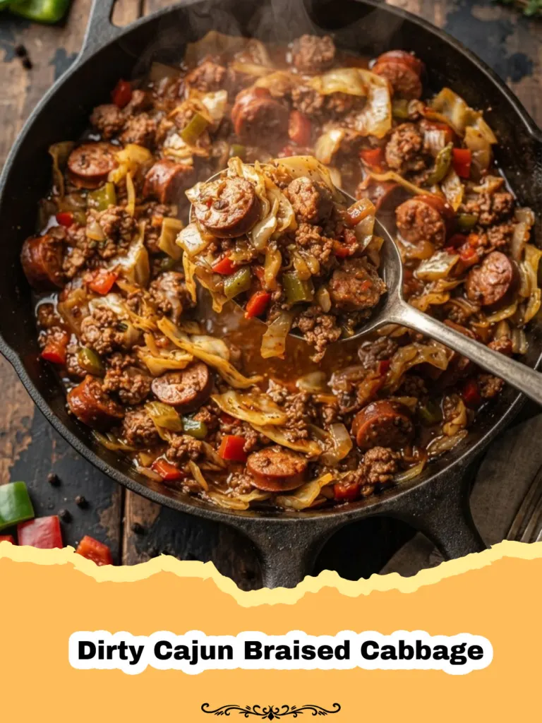A steaming Dutch oven filled with Dirty Cajun Braised Cabbage and Andouille sausage, garnished with fresh green onions.