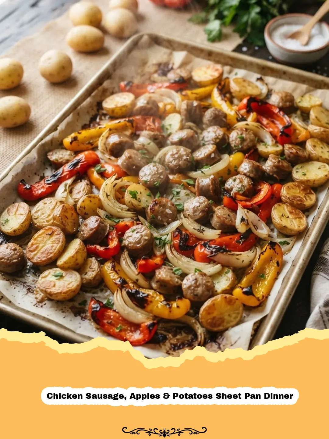 Cozy & Convenient: The Ultimate Chicken Sausage, Apples & Potatoes Sheet Pan Dinner 3 Chicken Sausage, Apples & Potatoes Sheet Pan Dinner - Close-up of a sheet pan dinner with roasted chicken sausage, apple wedges, and potato chunks, perfectly caramelized.