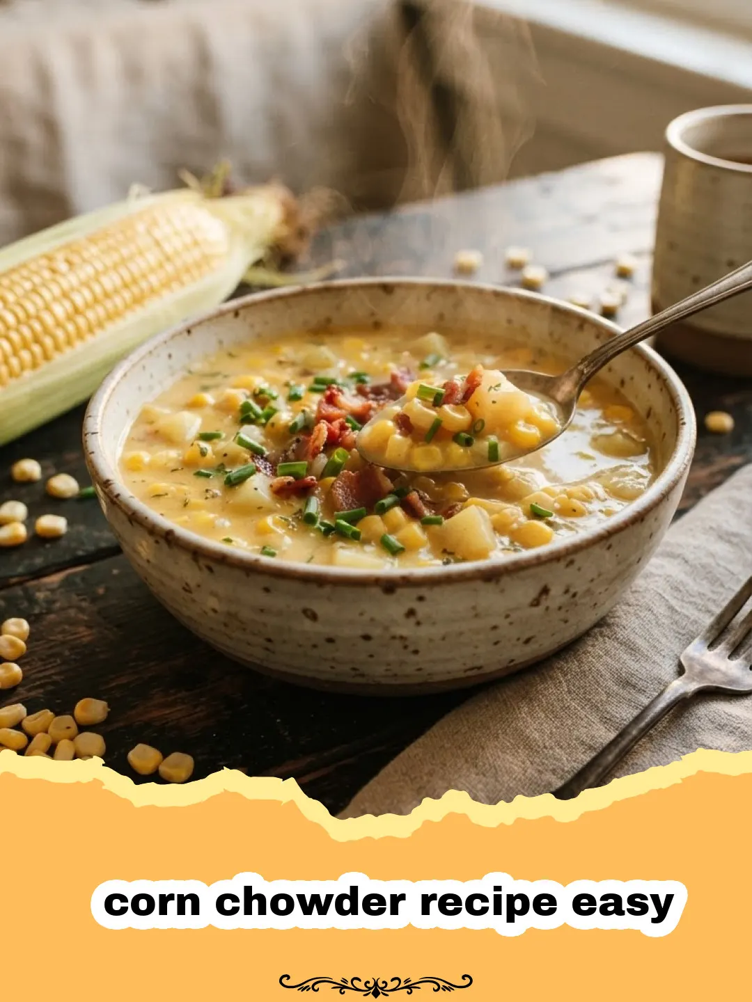 corn chowder recipe easy - A steaming bowl of creamy corn chowder garnished with crispy bacon and fresh chives.
