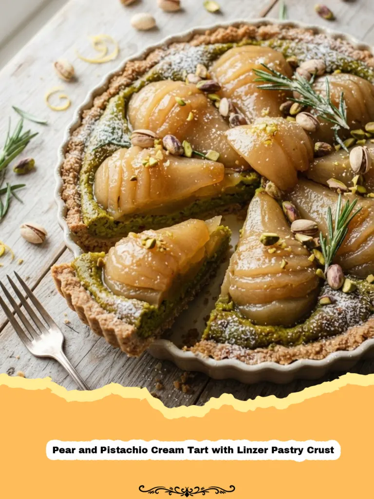 An Elegant Autumn Delight: Pear and Pistachio Cream Tart with Linzer Pastry Crust 7 Pear and Pistachio Cream Tart with Linzer Pastry Crust - Close-up of a beautifully baked Pear and Pistachio Cream Tart with a decorative Linzer pastry crust, dusted with powdered sugar, sitting on a wooden board.