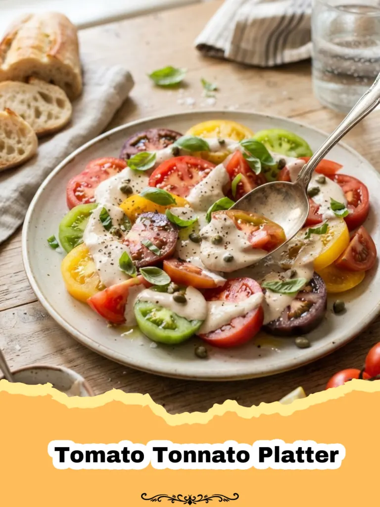 Vibrant Tomato Tonnato Platter with creamy tuna sauce and fresh basil on a white dish.