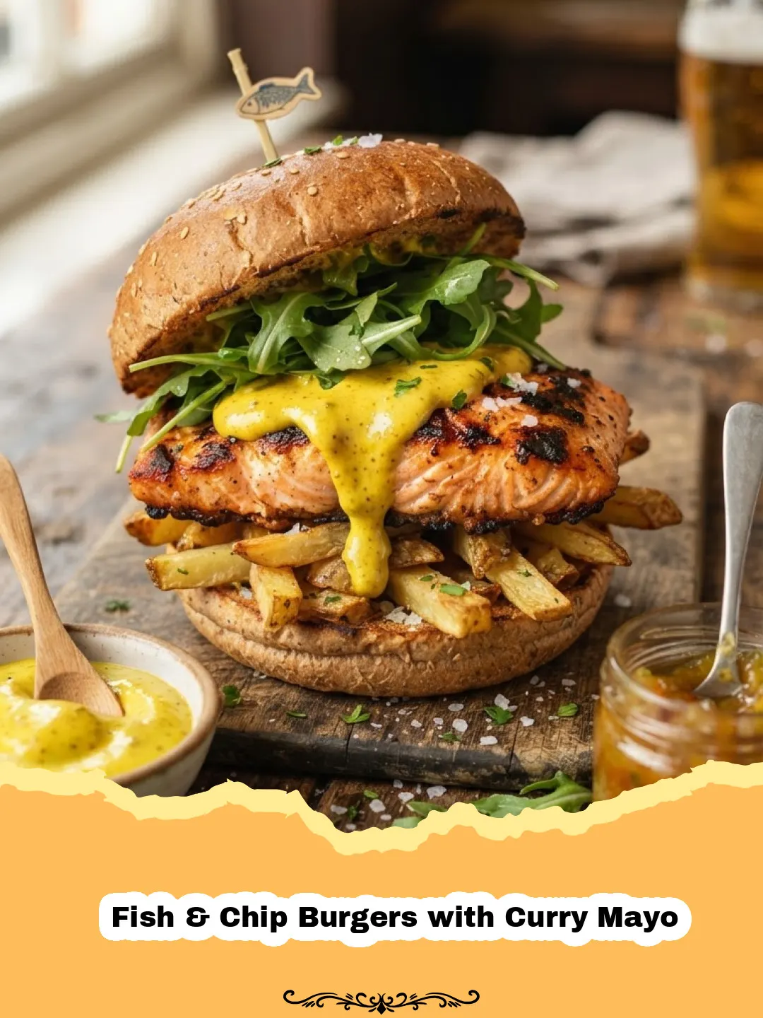 Fish & Chip Burgers with Curry Mayo - Close-up of a stacked fish and chip burger with curry mayo, crispy fish, and golden chips, on a wooden board.