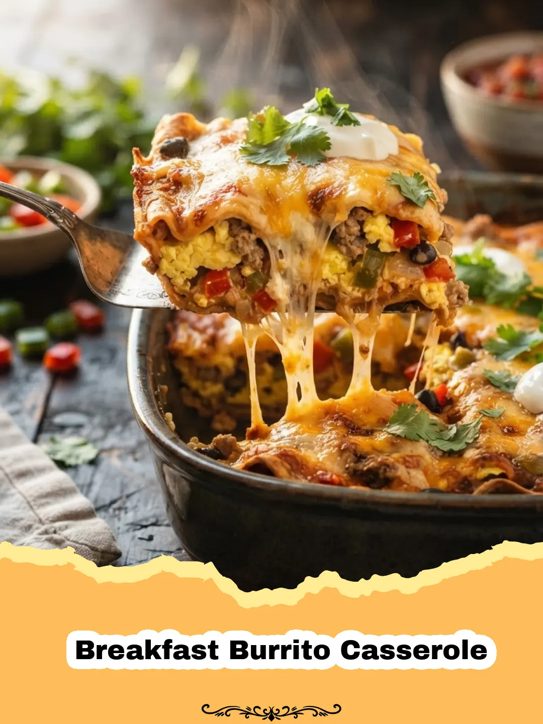 The Ultimate Make-Ahead Breakfast Burrito Casserole for Stress-Free Mornings 3 A golden, bubbly Breakfast Burrito Casserole with melted cheese and visible tortilla layers, ready to be served.