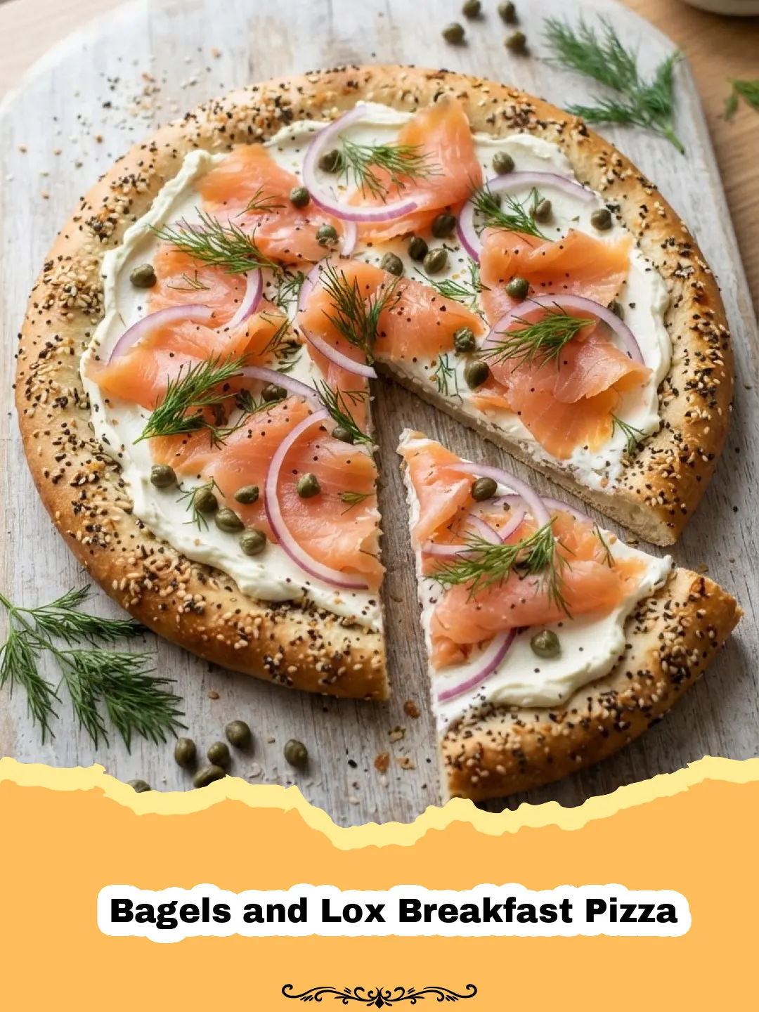 A beautifully arranged Bagels and Lox Breakfast Pizza with smoked salmon, cream cheese, capers, red onion, and dill on a crispy crust.