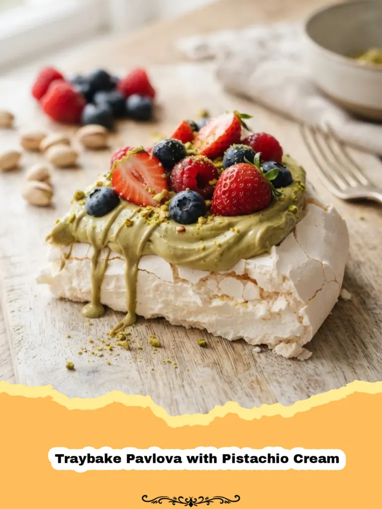 Whisk Up Joy: The Ultimate Traybake Pavlova with Pistachio Cream 5 Traybake Pavlova with Pistachio Cream - A beautifully garnished Traybake Pavlova with bright green pistachio cream and fresh red berries.