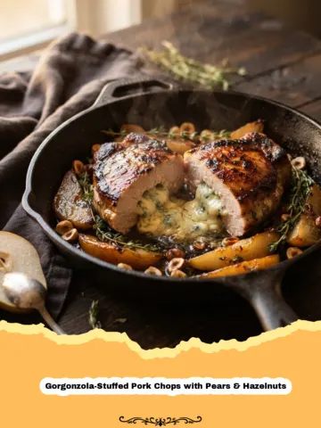 Gorgonzola-Stuffed Pork Chops with Pears & Hazelnuts